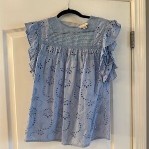 Light Blue Eyelet Ruffle Sleeve Top